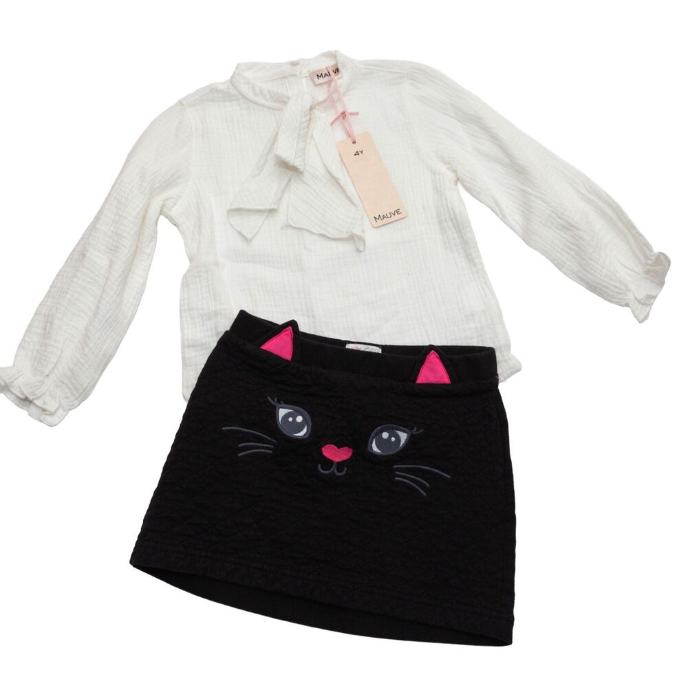Mauve Girls 4T Cream Cotton Tie Neck Blouse Children's Place‎ Cat Skirt Outfit